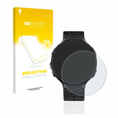Vorderseite einer Produktverpackung mit dem Markenlogo upscreen. Daneben ist das Gerät Garmin Forerunner 235 mit dem zugehörig