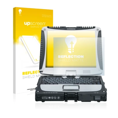 Vorderseite einer Produktverpackung mit dem Markenlogo upscreen. Daneben ist das Gerät Panasonic Toughbook CF-19 mit dem zugeh