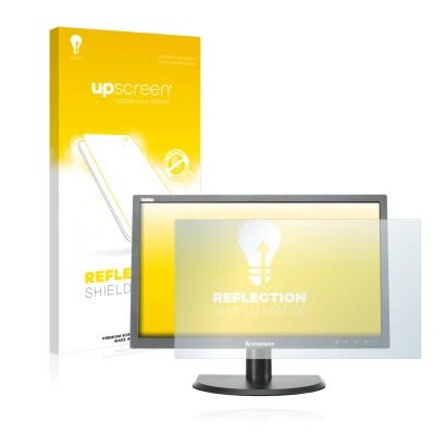 Vorderseite einer Produktverpackung mit dem Markenlogo upscreen. Daneben ist das Gerät Lenovo LT2323p mit dem zugehörigen Disp