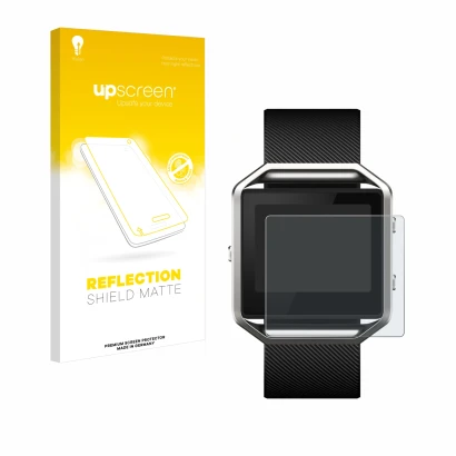 Vorderseite einer Produktverpackung mit dem Markenlogo upscreen. Daneben ist das Gerät Fitbit Blaze mit dem zugehörigen Displa