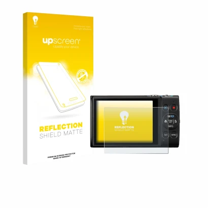 Vorderseite einer Produktverpackung mit dem Markenlogo upscreen. Daneben ist das Gerät Canon Digital Ixus 285 hs mit dem zugeh