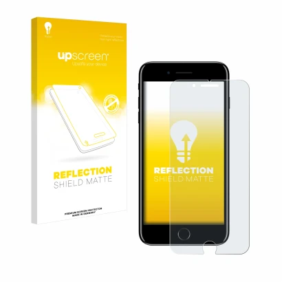 Vorderseite einer Produktverpackung mit dem Markenlogo upscreen. Daneben ist das Gerät Apple iPhone 7 Plus mit dem zugehörigen