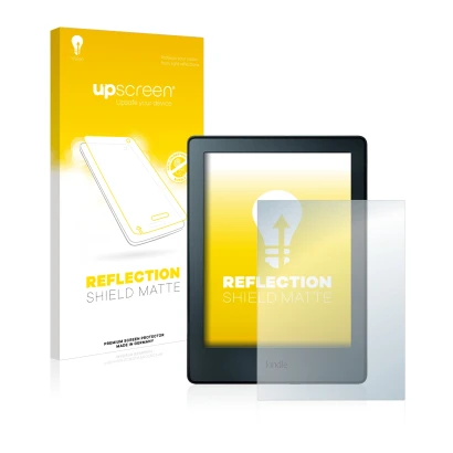 Vorderseite einer Produktverpackung mit dem Markenlogo upscreen. Daneben ist das Gerät Amazon Kindle 2016 (8. Gen.) mit dem zu