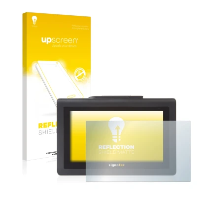 Vorderseite einer Produktverpackung mit dem Markenlogo upscreen. Daneben ist das Gerät Signotec Signature Pad Delta mit dem zu