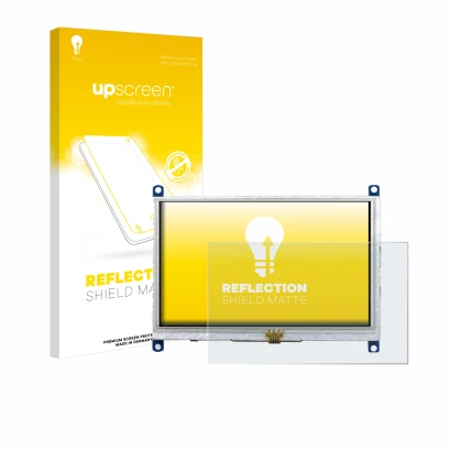 Vorderseite einer Produktverpackung mit dem Markenlogo upscreen. Daneben ist das Gerät Raspberry Pi Touchscreen 5" mit dem zug