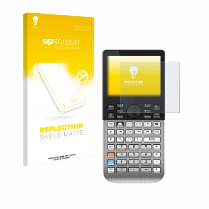 Vorderseite einer Produktverpackung mit dem Markenlogo upscreen. Daneben ist das Gerät HP Prime mit dem zugehörigen Displaysch