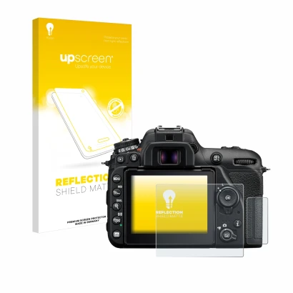 Vorderseite einer Produktverpackung mit dem Markenlogo upscreen. Daneben ist das Gerät Nikon D7500 mit dem zugehörigen Display
