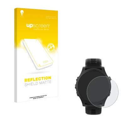 Vorderseite einer Produktverpackung mit dem Markenlogo upscreen. Daneben ist das Gerät Garmin Forerunner 935 mit dem zugehörig