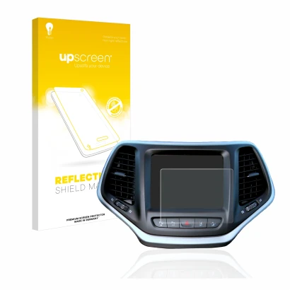 Vorderseite einer Produktverpackung mit dem Markenlogo upscreen. Daneben ist das Gerät Jeep Cherokee Uconnect 8.4" mit dem zug