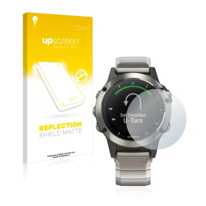 Vorderseite einer Produktverpackung mit dem Markenlogo upscreen. Daneben ist das Gerät Garmin quatix 5 mit dem zugehörigen Dis