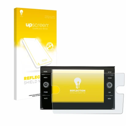 Vorderseite einer Produktverpackung mit dem Markenlogo upscreen. Daneben ist das Gerät Volkswagen Composition Media 2017 mit d