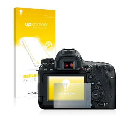 Vorderseite einer Produktverpackung mit dem Markenlogo upscreen. Daneben ist das Gerät Canon EOS 6D Mark II mit dem zugehörige
