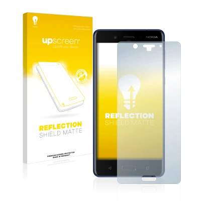 Vorderseite einer Produktverpackung mit dem Markenlogo upscreen. Daneben ist das Gerät Nokia 8 mit dem zugehörigen Displayschu