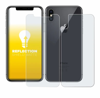 Abbildung des Geräts Apple iPhone X (Display+Rückseite) mit einer Vielzahl des Displayschutzes.