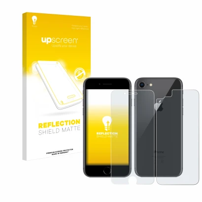 Vorderseite einer Produktverpackung mit dem Markenlogo upscreen. Daneben ist das Gerät Apple iPhone 8 (Display+Rückseite) mit