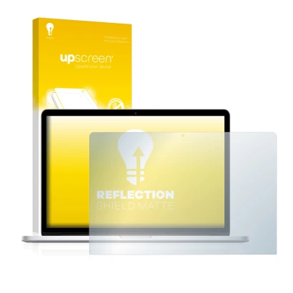 Vorderseite einer Produktverpackung mit dem Markenlogo upscreen. Daneben ist das Gerät Apple MacBook Pro 15" 2017 mit dem zuge