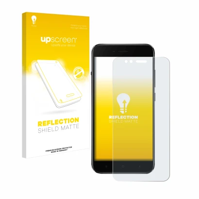 Vorderseite einer Produktverpackung mit dem Markenlogo upscreen. Daneben ist das Gerät Xiaomi Mi A1 mit dem zugehörigen Displa