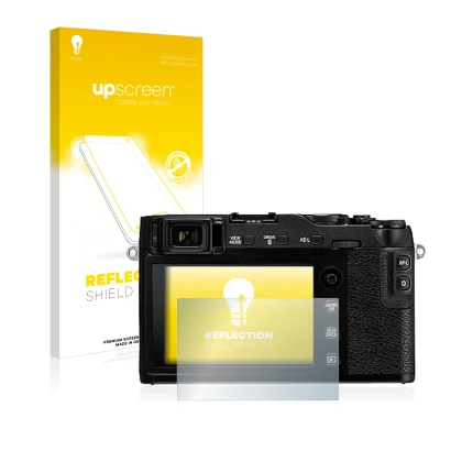 Vorderseite einer Produktverpackung mit dem Markenlogo upscreen. Daneben ist das Gerät Fujifilm X-E3 mit dem zugehörigen Displ