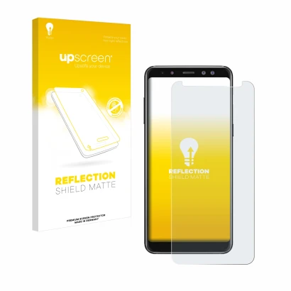 Vorderseite einer Produktverpackung mit dem Markenlogo upscreen. Daneben ist das Gerät Samsung Galaxy A8 2018 mit dem zugehöri