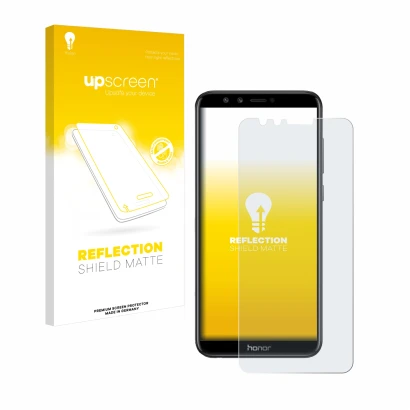 Vorderseite einer Produktverpackung mit dem Markenlogo upscreen. Daneben ist das Gerät Honor 9 Lite mit dem zugehörigen Displa