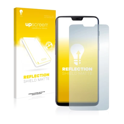 Vorderseite einer Produktverpackung mit dem Markenlogo upscreen. Daneben ist das Gerät OnePlus 6 mit dem zugehörigen Displaysc