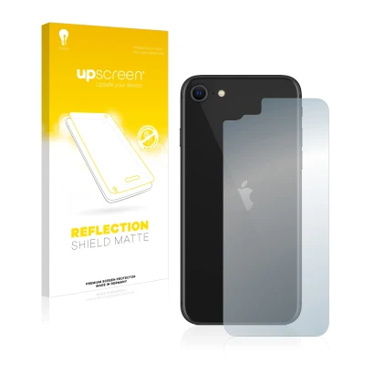 Vorderseite einer Produktverpackung mit dem Markenlogo upscreen. Daneben ist das Gerät Apple iPhone SE 2 2020 (Rückseite) mit
