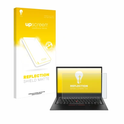 Vorderseite einer Produktverpackung mit dem Markenlogo upscreen. Daneben ist das Gerät Lenovo ThinkPad X1 Carbon (6. Gen.) mit