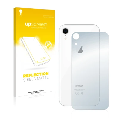 Vorderseite einer Produktverpackung mit dem Markenlogo upscreen. Daneben ist das Gerät Apple iPhone XR (Rückseite) mit dem zug