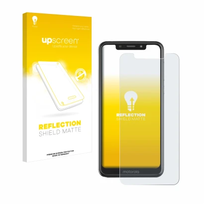 Vorderseite einer Produktverpackung mit dem Markenlogo upscreen. Daneben ist das Gerät Motorola One mit dem zugehörigen Displa