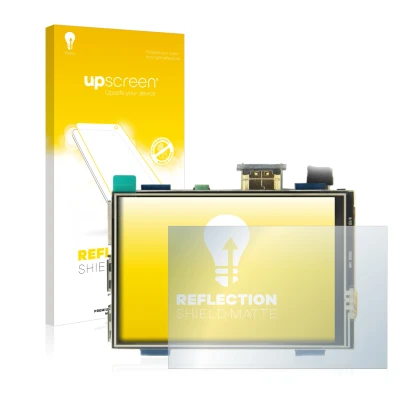Vorderseite einer Produktverpackung mit dem Markenlogo upscreen. Daneben ist das Gerät Raspberry Pi Touchscreen (3.5") mit dem