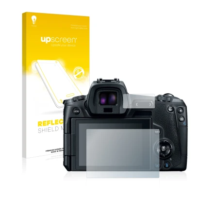 Vorderseite einer Produktverpackung mit dem Markenlogo upscreen. Daneben ist das Gerät Canon EOS R mit dem zugehörigen Display