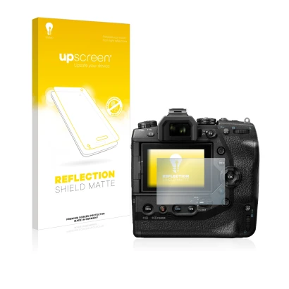 Vorderseite einer Produktverpackung mit dem Markenlogo upscreen. Daneben ist das Gerät Olympus OM-D E-M1X mit dem zugehörigen