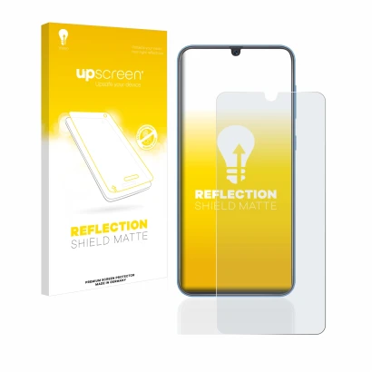 Vorderseite einer Produktverpackung mit dem Markenlogo upscreen. Daneben ist das Gerät Samsung Galaxy A40 mit dem zugehörigen