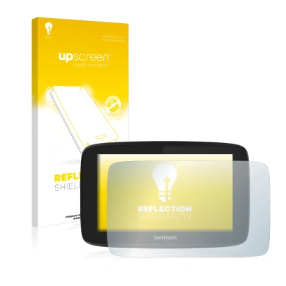Vorderseite einer Produktverpackung mit dem Markenlogo upscreen. Daneben ist das Gerät TomTom GO Essential (5") mit dem zugehö