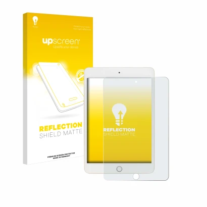 Vorderseite einer Produktverpackung mit dem Markenlogo upscreen. Daneben ist das Gerät Apple iPad Mini 5 2019 (5. Gen.) mit de