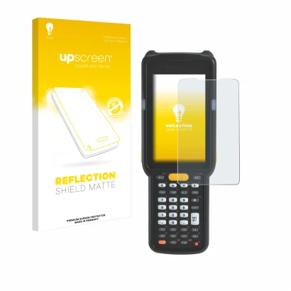 Vorderseite einer Produktverpackung mit dem Markenlogo upscreen. Daneben ist das Gerät Zebra MC330 mit dem zugehörigen Display
