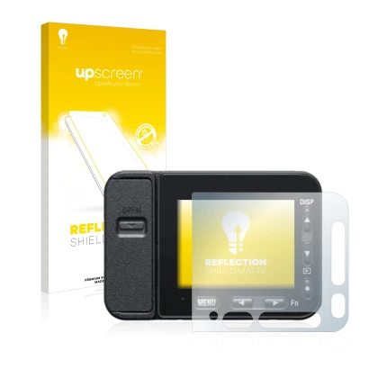 Vorderseite einer Produktverpackung mit dem Markenlogo upscreen. Daneben ist das Gerät Sony DSC-RX0M2 (RX0 II) mit dem zugehör