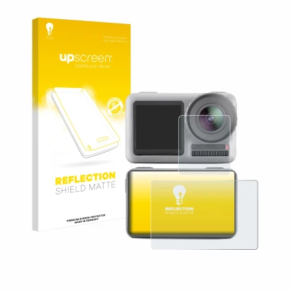 Vorderseite einer Produktverpackung mit dem Markenlogo upscreen. Daneben ist das Gerät DJI Osmo Action mit dem zugehörigen Dis