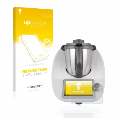 Vorderseite einer Produktverpackung mit dem Markenlogo upscreen. Daneben ist das Gerät Vorwerk Bimby TM6 mit dem zugehörigen D