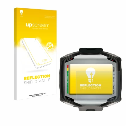 Vorderseite einer Produktverpackung mit dem Markenlogo upscreen. Daneben ist das Gerät Mares Quad mit dem zugehörigen Displays