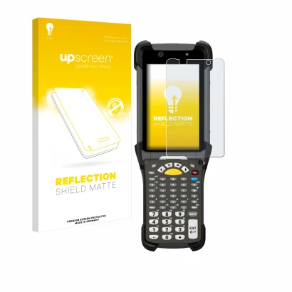 Vorderseite einer Produktverpackung mit dem Markenlogo upscreen. Daneben ist das Gerät Zebra MC9300 mit dem zugehörigen Displa