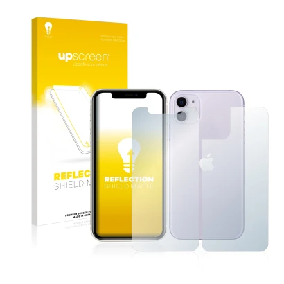 Vorderseite einer Produktverpackung mit dem Markenlogo upscreen. Daneben ist das Gerät Apple iPhone 11 (Display+Rückseite) mit