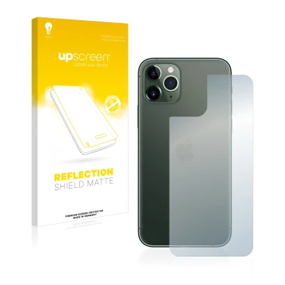 Vorderseite einer Produktverpackung mit dem Markenlogo upscreen. Daneben ist das Gerät Apple iPhone 11 Pro (Rückseite) mit dem