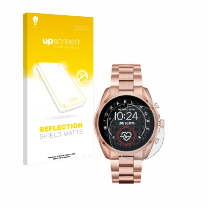 Vorderseite einer Produktverpackung mit dem Markenlogo upscreen. Daneben ist das Gerät Michael Kors Access Bradshaw 2 mit dem