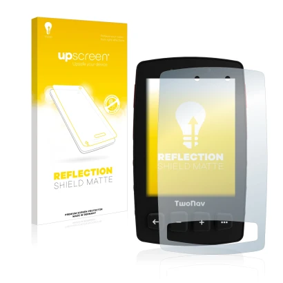 Vorderseite einer Produktverpackung mit dem Markenlogo upscreen. Daneben ist das Gerät TwoNav Trail 2 mit dem zugehörigen Disp