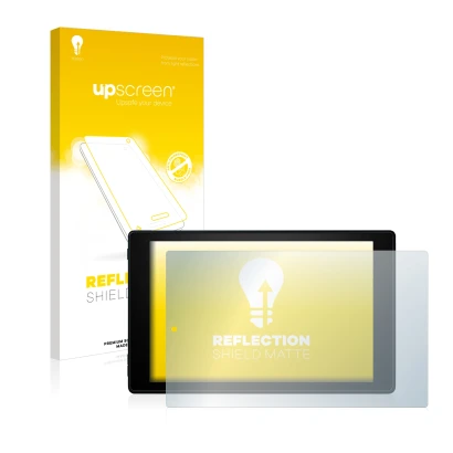 Vorderseite einer Produktverpackung mit dem Markenlogo upscreen. Daneben ist das Gerät Amazon Fire HD 10 2019 (9. Gen.) mit de