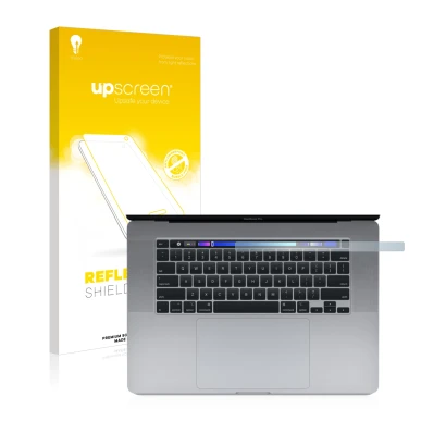Vorderseite einer Produktverpackung mit dem Markenlogo upscreen. Daneben ist das Gerät Apple MacBook Pro 16" 2019 (NUR Touch B