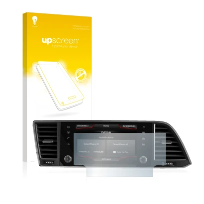 Vorderseite einer Produktverpackung mit dem Markenlogo upscreen. Daneben ist das Gerät Seat Ateca 2020 Media System 6.5" mit d