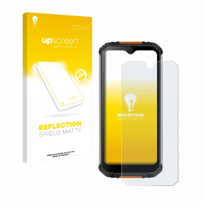 Vorderseite einer Produktverpackung mit dem Markenlogo upscreen. Daneben ist das Gerät Oukitel WP6 mit dem zugehörigen Display