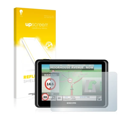 Vorderseite einer Produktverpackung mit dem Markenlogo upscreen. Daneben ist das Gerät Snooper Truckmate S6900 mit dem zugehör